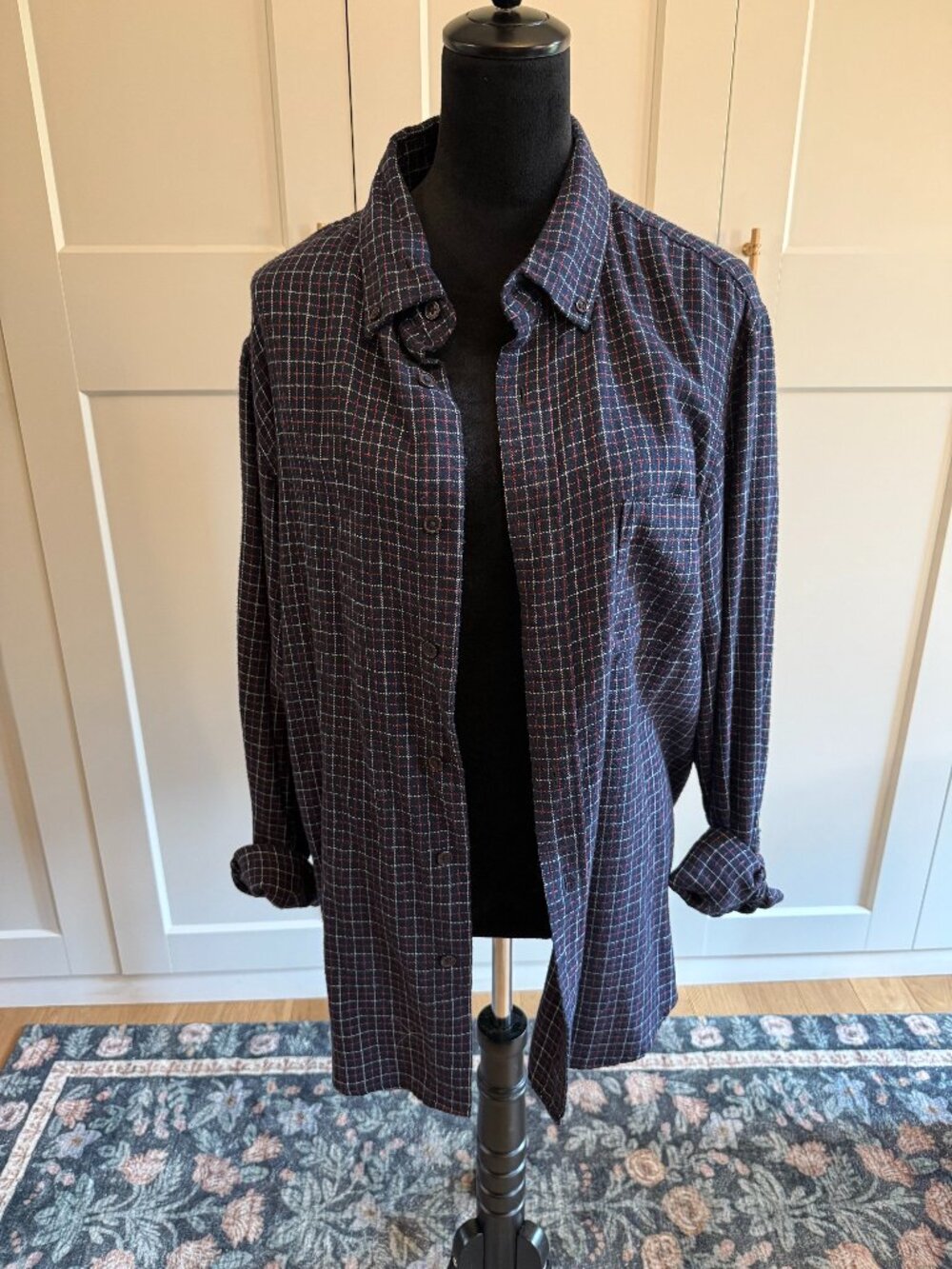 Michael Strahan Navy Plaid Flannel Button Down Shirt Men's XL (Fits L)